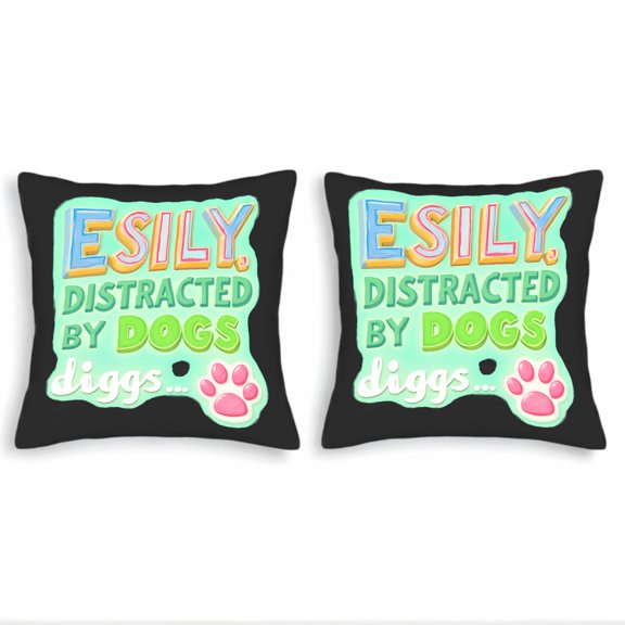 Set of 2 Decorative Throw Pillow Covers 18x18in - Playful Black Design with ' ESILY DISTRAITED BY DOGS ' & Colorful Print