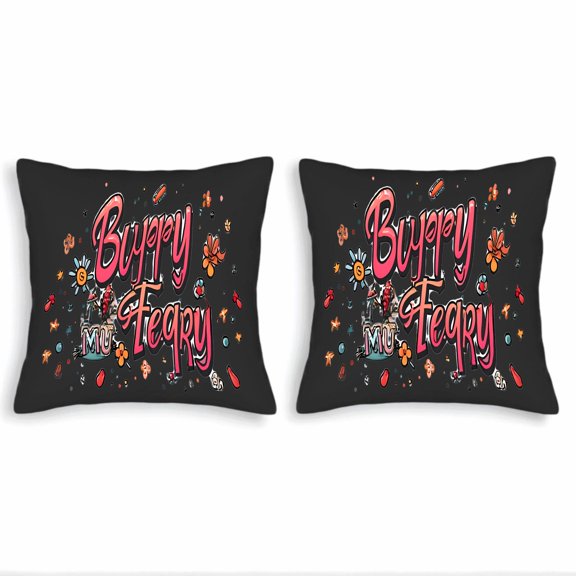 Set of 2 Decorative Throw Pillow Covers 18x18in - Playful " Buyup Teary " Design with Colorful Flowers & Stars on Black Background
