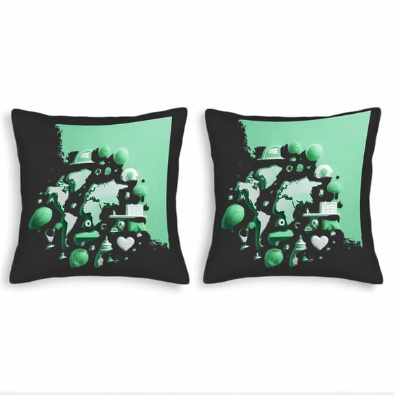 Set of 2 Decorative Throw Pillow Covers 18x18in - Stylish Green & Black World Map Design with Turtle Mushroom & Abstract Shapes