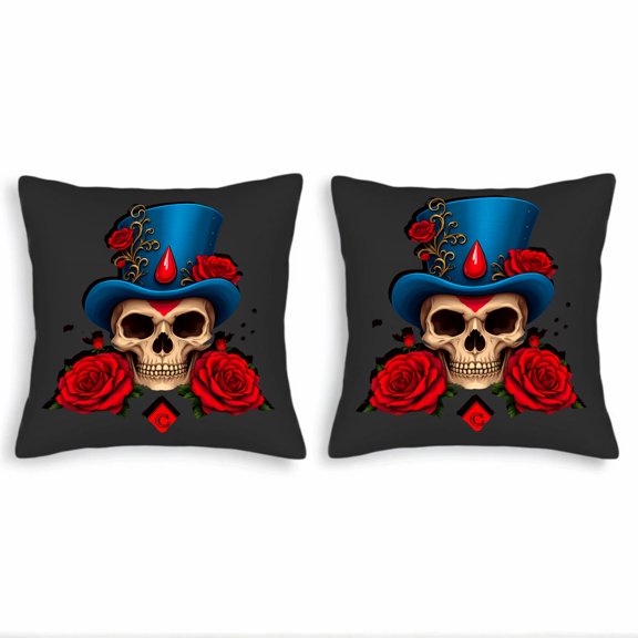 Set of 2 Decorative Throw Pillow Covers 18x18in - Stylish Skull with Blue Top Hat & Red Roses on Black Background Perfect for Couch & Bed