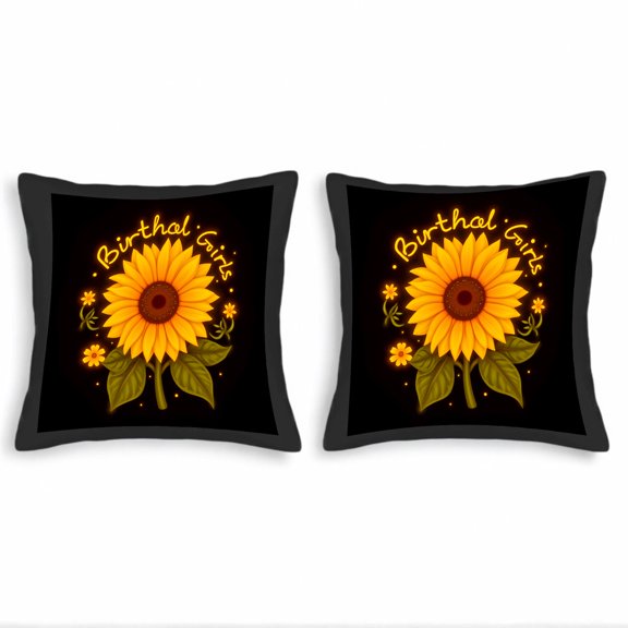 Set of 2 Decorative Throw Pillow Covers 18x18in - Vibrant Black Background with Bright Yellow Sunflower & Glowing Cursive ' Birthal Gaits '