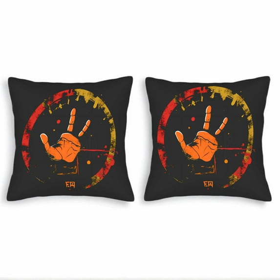 Set of 2 Decorative Throw Pillow Covers 18x18in - Vibrant Black with Orange Peace Sign & Circular Red Yellow Pattern Vintage Style