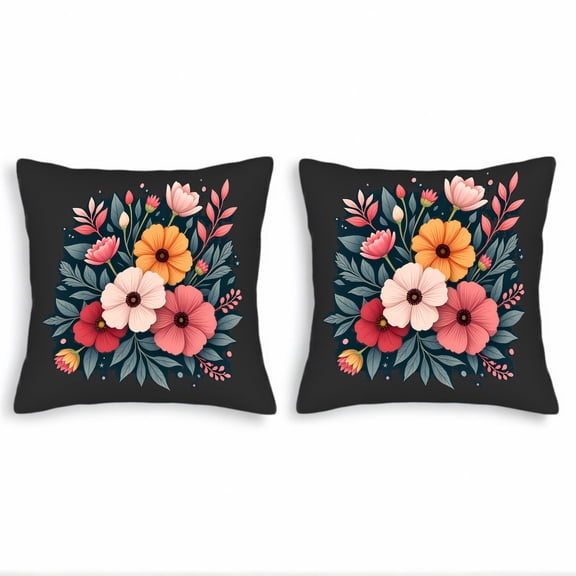 Set of 2 Decorative Throw Pillow Covers 18x18in - Vibrant Floral Design in Pink Orange and Red on Dark Background for Couch Bed Car
