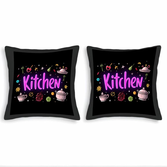 Set of 2 Decorative Throw Pillow Covers 18x18in - Vibrant Kitchen Theme with Bright Pink ' Kitchen ' Text & Colorful Illustrations
