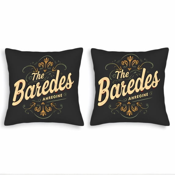 Set of 2 Decorative Throw Pillow Covers 18x18in - Vintage Black with Cursive ' The Baredes ' & Ornate Green Orange Patterns for Couch Bed Car