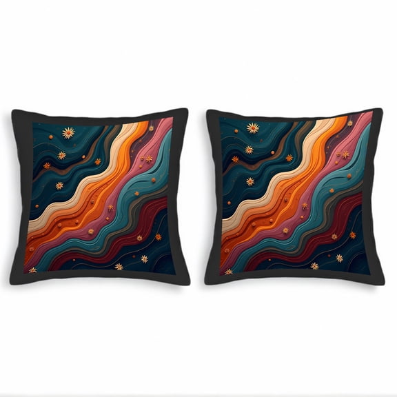 Set of 2 Decorative Throw Pillow Covers 18x18in - Wavy Multicolored Pattern with Dark Blue & Orange Swirls Star Accents for Couch Bed Car