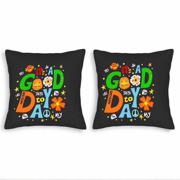 Set of 2 Decorative Throw Pillow Covers 18x18in - Whimsical Black Design with Cheerful Text Stars & Peace Signs for Couch Bed Car
