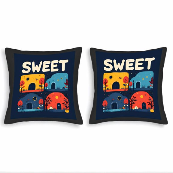 Set of 2 Decorative Throw Pillow Covers 18x18in - Whimsical " SWEET " Design with Colorful Houses & Nature Elements for Couch Bed Car