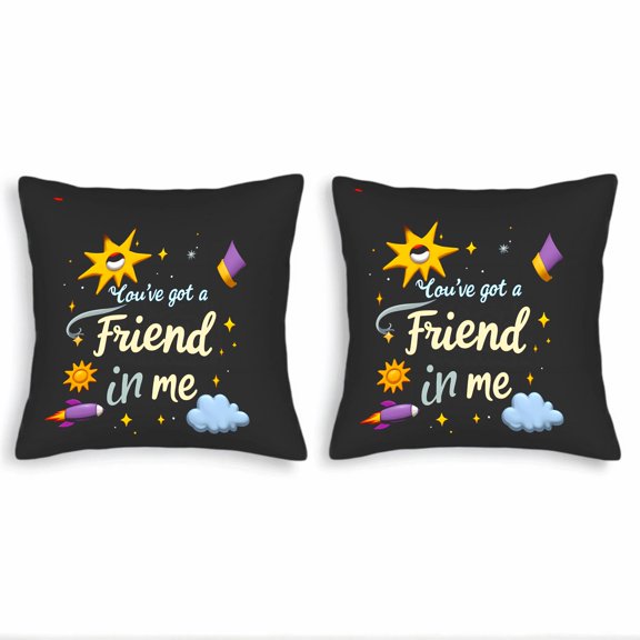 Set of 2 Decorative Throw Pillow Covers 18x18in - Whimsical Sun Rocket & Cloud Design with ' I ' ve got a Friend in me ' Text