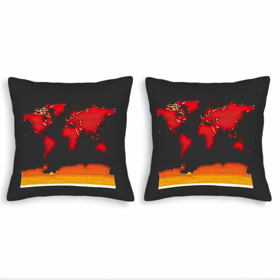 Set of 2 Decorative Throw Pillow Covers 18x18in with Bold Red and Yellow World Map Design on Black Background - Perfect for Couch Bed Car