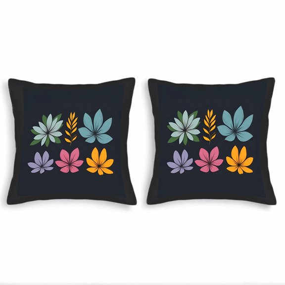 Set of 2 Decorative Throw Pillow Covers 18x18in with Colorful Floral Designs on Dark Background - Perfect for Couch Bed or Car