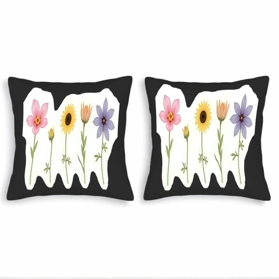 Set of 2 Decorative Throw Pillow Covers 18x18in with Floral Design - Pink Yellow Orange and Purple Flowers on White Background