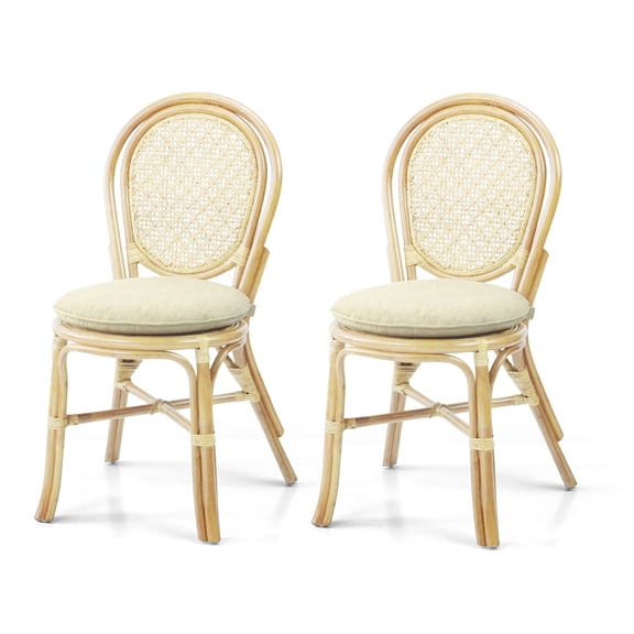 Set of 2 Denver Dining Wicker Side Chairs with Cream Cushions Handmade Rattan, Natural