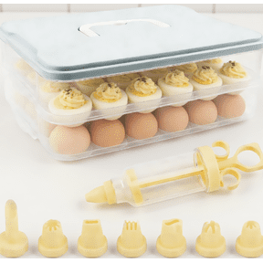 Set of 2 Deviled Egg Containers, 48-Egg Capacity, Stackable Trays with Lid and Handle, Includes Piping Bag and 8 Nozzles