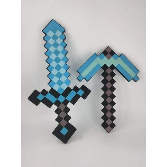 Set of 2 Diamond Chop Pickaxe Axe & Sword Combo Blue Foam for Cosplay Event, Halloween