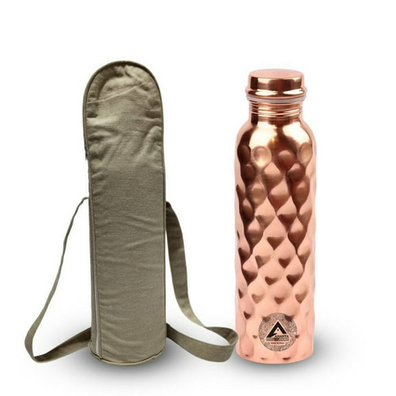 Set of 2 Diamond Pure Copper Water Bottle 950 ML With Cotton Carry Bag Ayurveda Health Benefits