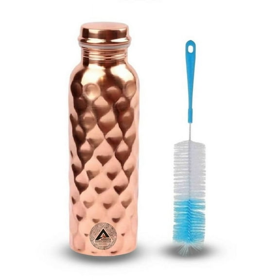 Set of 2 Diamond Pure Copper Water Bottle 950 ml with Cleaning Brush For Ayurveda Health Benefits