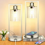 Set of 2 Dimmable Bedside Nightstand Lamps with USB Port, Brushed Nickle