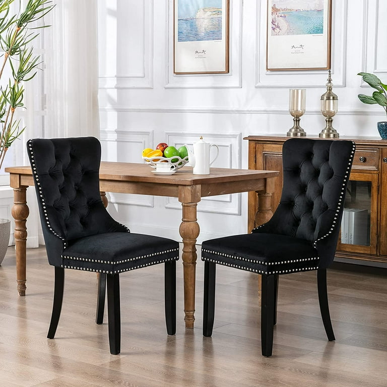 Set of 2 Dining Chairs High End Velvet Upholstered Dining Chairs Tufted Dining Chairs with Ring Back and Nailhead Trim Black
