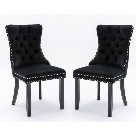 Set of 2 Dining Chairs Leisure Padded Chair, Tufted Solid Wood Velvet Upholstered Dining Chair with Nailhead Trim& Ring Pull for Kitchen, Living Room