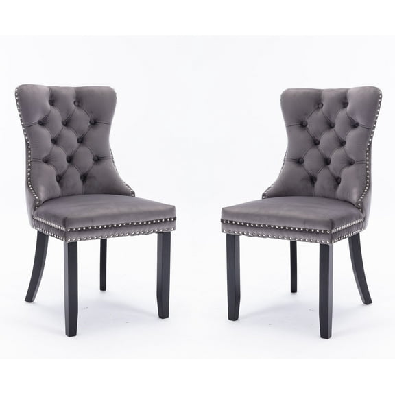 Set of 2 Dining Chairs Leisure Padded Chair, Tufted Solid Wood Velvet Upholstered Dining Chair with Nailhead Trim& Ring Pull for Kitchen, Living Room