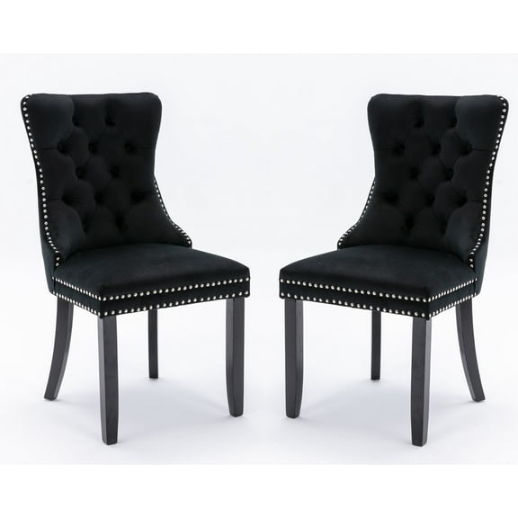 Set of 2 Dining Chairs Leisure Padded Chair, Tufted Solid Wood Velvet Upholstered Dining Chair with Nailhead Trim& Ring Pull for Kitchen, Living Room