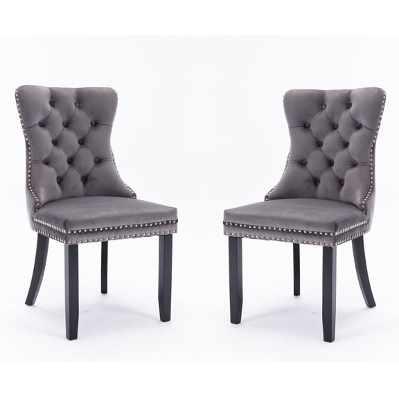 Set of 2 Dining Chairs Leisure Padded Chair, Tufted Solid Wood Velvet Upholstered Dining Chair with Nailhead Trim& Ring Pull for Kitchen, Living Room