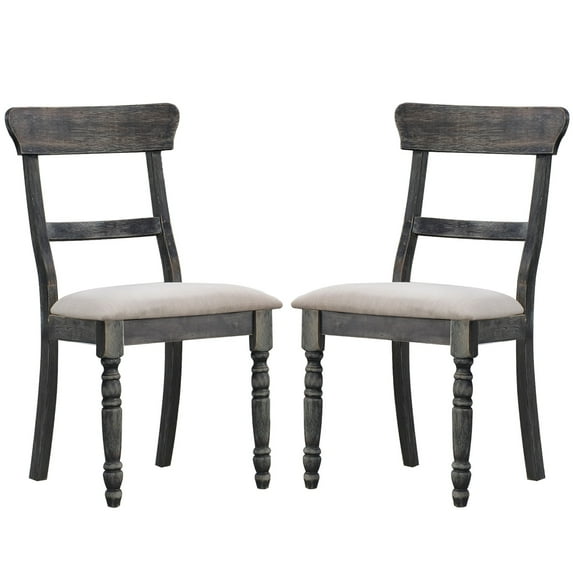 Set of 2 Dining Chairs - Light Brown Linen Padded Seats & Weathered Gray Rubberwood Frames, 19"x18", for Dining Room. Comfortable & Stylish!