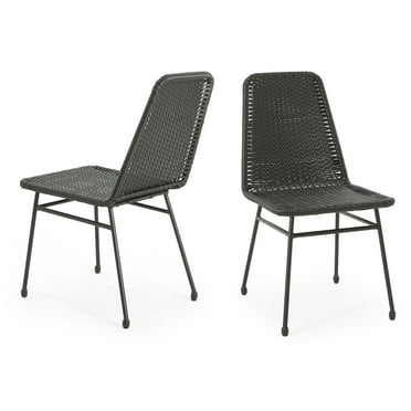 Set of 2 Dining Chairs, Woven Rattan Chiar with Iron Legs and High Back, Black