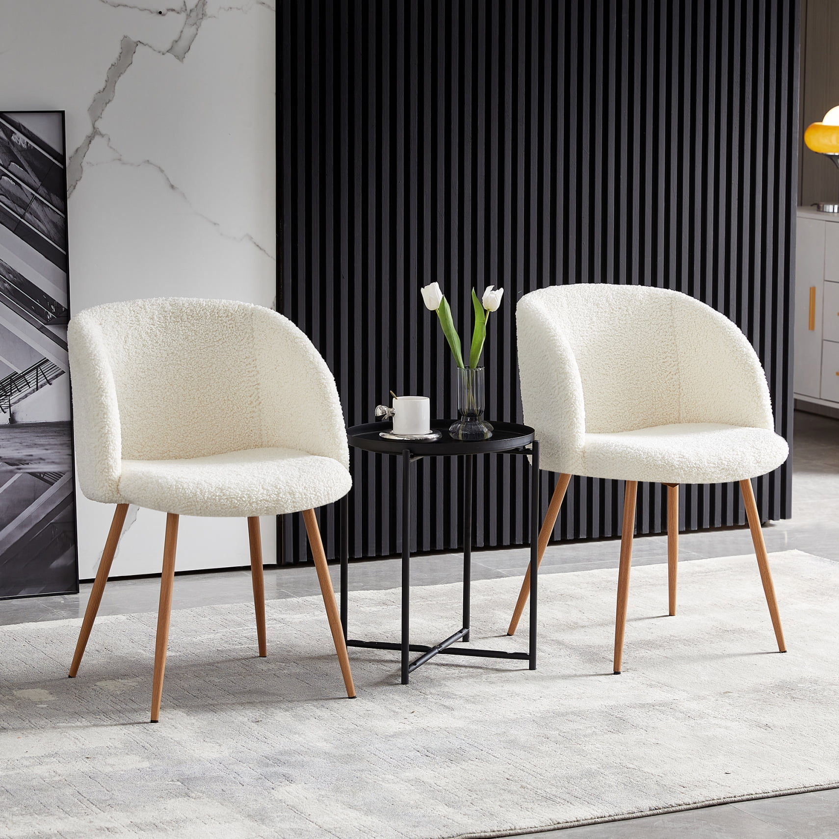Set of 2 Dining Chairs with Metal Legs Upholstered Teddy Fuzzy Accent Armrest Chair For Living Room Home Office Dining Room and Bedroom Off White Walmart