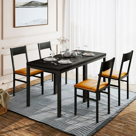 Set of 2 Dining Table Set with 4 Cushioned Chairs, 2-in-1 Kitchen Table Set, Modern Black Wood Top and Metal Legs Dinette Table Set