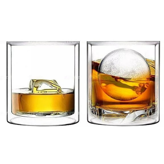 Set of 2 Double Wall Insulated Glass Hand Blown Rocks Whiskey Glass