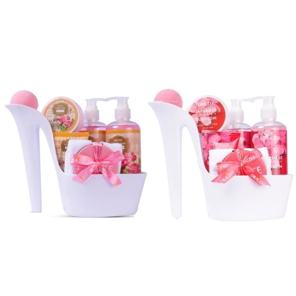 Draizee Set of 2 Heel Shoe Spa Gift Baskets, 16-Piece Scented Bath & Body Care Set with Bath Essentials, Towel & Mirror