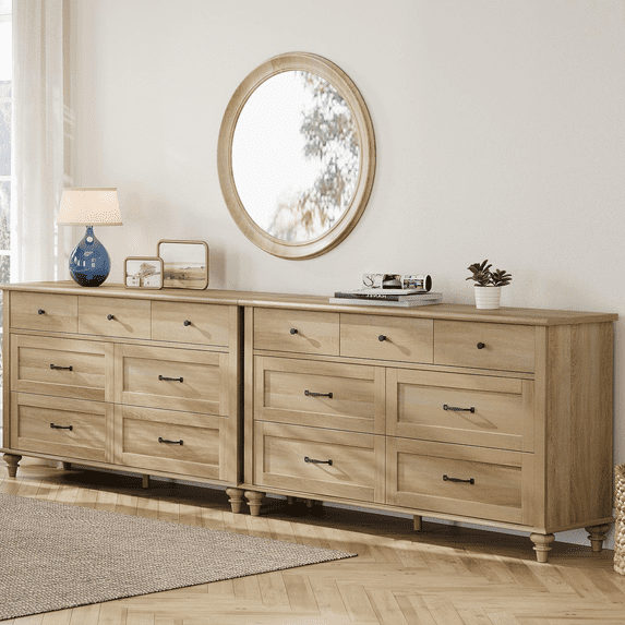 Set of 2 Dressers with 14 Drawers, Large Dresser TV Stand for Living Room Kids Room, Oak
