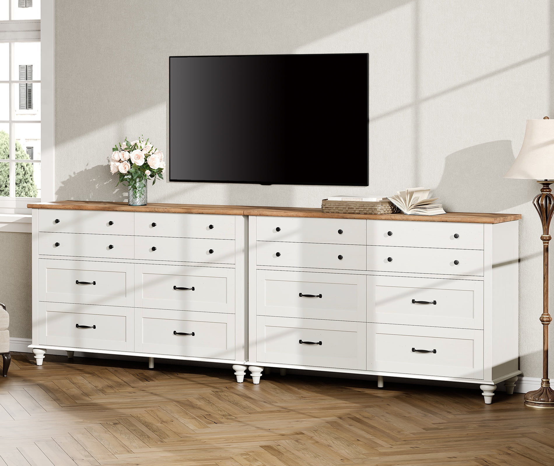 Set of 2 Dressers with 16 Drawers, Large Dresser TV Stand for Living Room Kids Room, White