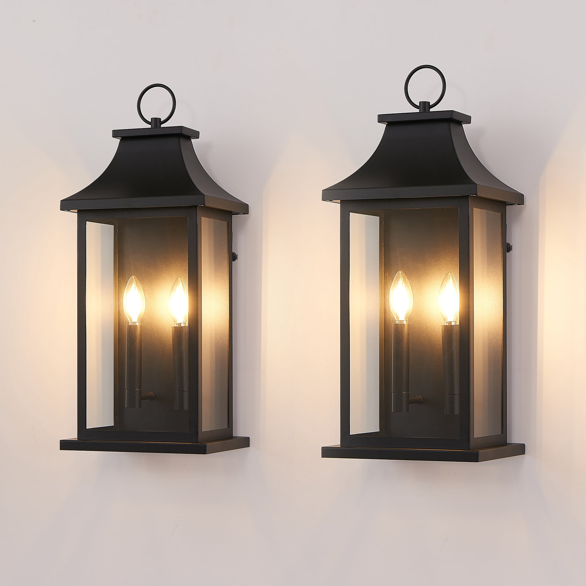 Set of 2 Dusk to Dawn Outdoor Wall Lanterns with 2 Lights and Glass, Modern Exterior Sconce for House and Garage, Black