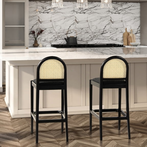 Set of 2 Ebony Black Bar Stools with Faux Sherpa / Natural Oak Frame