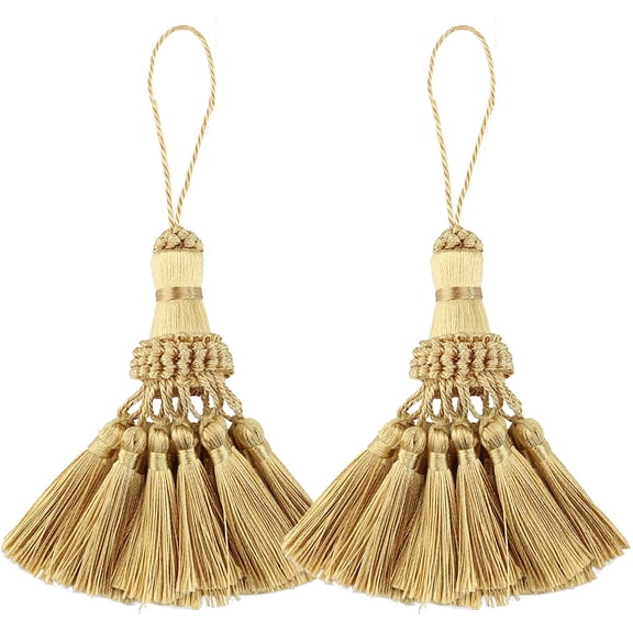 Set of 2 Elegant Polyester Tassel Handmade Colorful Craft Tassels Charms for Key Chain Straps DIY Accessories (Golden, 2 pack)