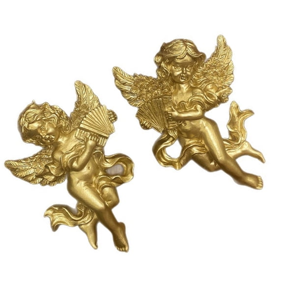Set of 2 Elegant Resin Golden Winged Angelic Wall Sculptures For Home Offices and Wedding