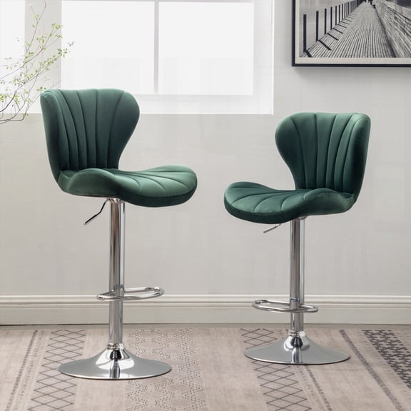 Set of 2 Ellston Upholstered Green Adjustable Swivel Barstools - Modern Solid Wood with 360° Swivel and Height Adjustment