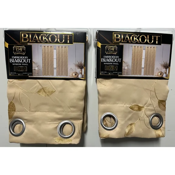 Set of 2 Elvira Blackout Grommet Top Curtain Panels with Embroidery, 84 Long, Gold