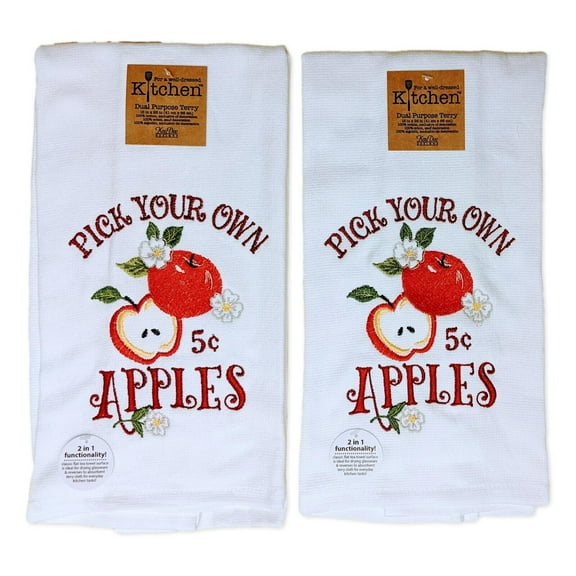 Set of 2 Embroidered APPLE ORCHARD Terry Kitchen Towels by Kay Dee Designs