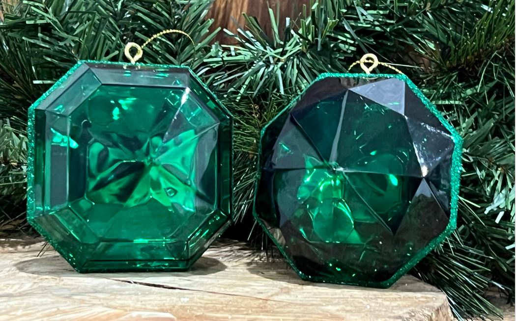 Set of 2, Emerald Green Emerald Jewel Ornaments, 4 Inch, Gem Ornaments