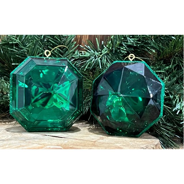 Set of 2, Emerald Green Emerald Jewel Ornaments, 4 Inch, Gem Ornaments, Wreath Attachment