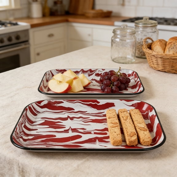 Enamelware Serving Tray Set of 2, Large Rectangular Metal Tray for Parties,Picnic & BBQ,Decorative Platter for Cooking, Serving, Camping & Outdoor Events