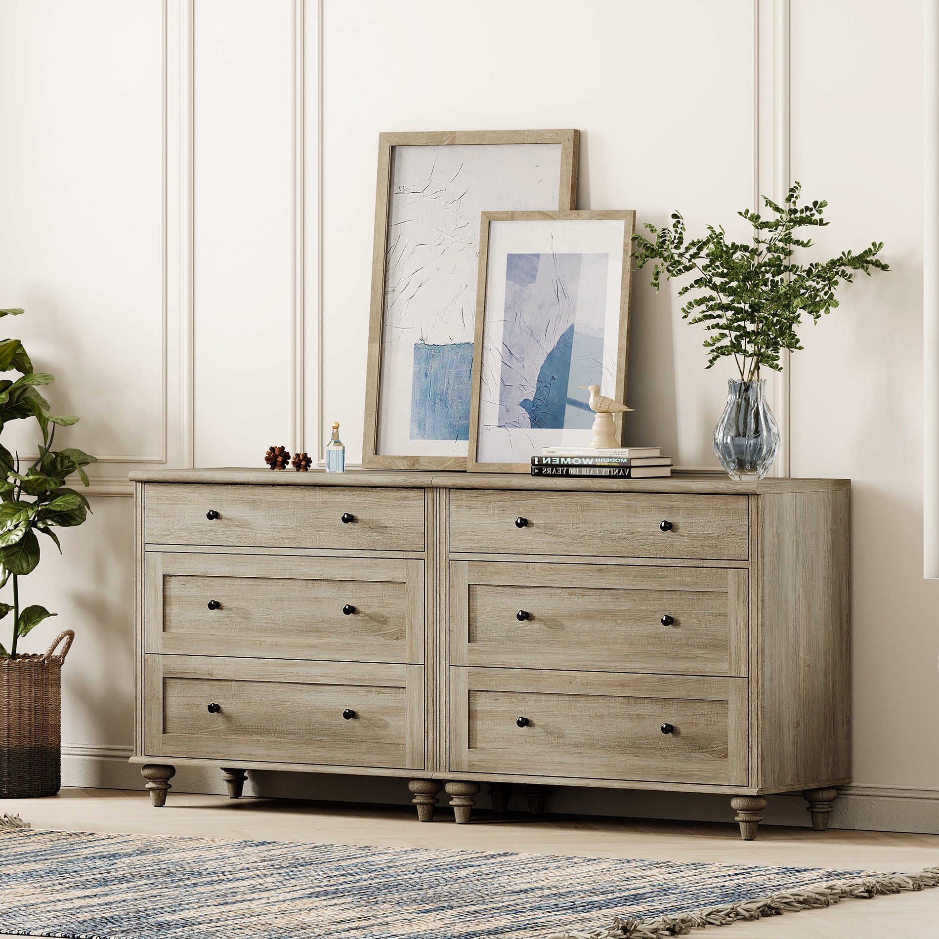 Farmhouse End Table with 3 Drawers, Set of 2 Large 3 Drawers Wood Side Table Nightstands, Wide Sofa Side End Table Chest of Dresser for Living Room, Bedroom, Grey Wash