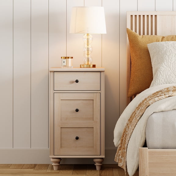 Fitueyes Set of 2 Wooden End Tables with Drawer & Storage Cabinet, Nightstands with Charging Station, Modern Farmhouse Side Tables for Living Room & Bedroom, Light Oak