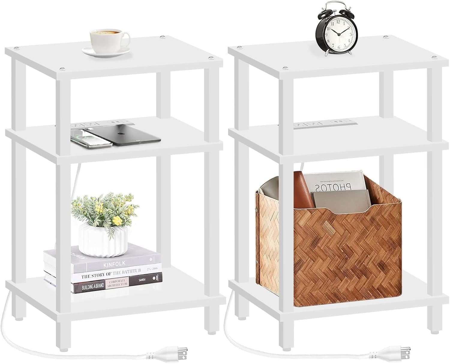 Set of 2 End Table with Charging Station, Side Table with USB Ports and