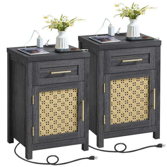 Set of 2 End Table with Charging Station for Living Room, Farmhouse Side Table with Drawer, Nightstand Bedside Table with Storage Cabinet, Dark Grey