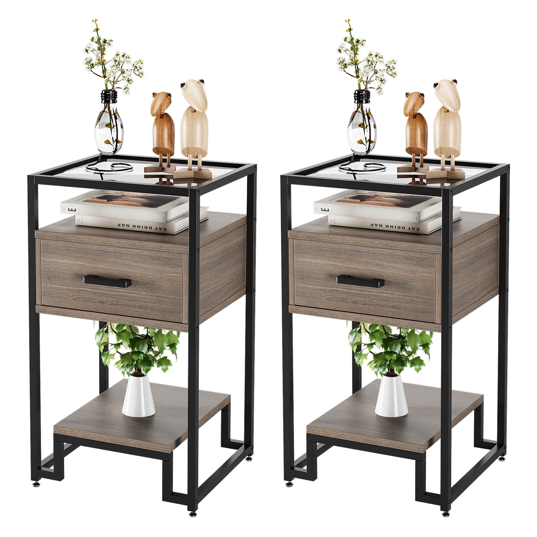Set of 2 End Table with Drawer and 3-Tier Storage & Tempered Glass Top ...